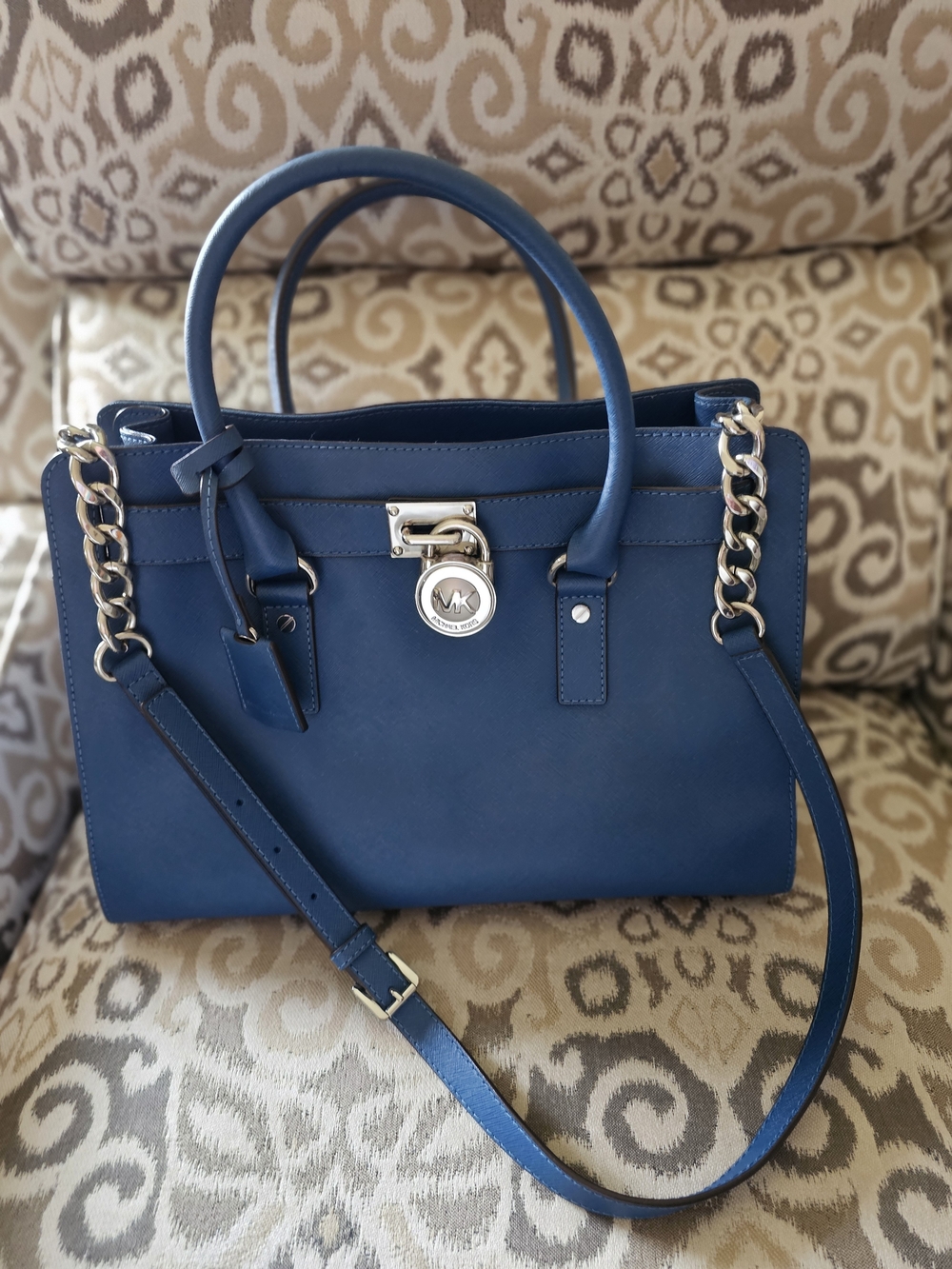 Michael Kors Blue Leather Satchel with Silver Hardware